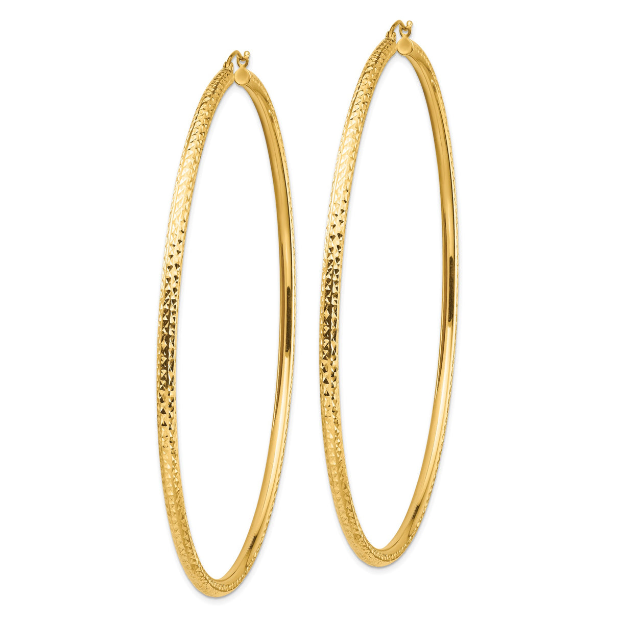 14k Yellow Gold Hoop Earrings, Large Textured Round Design with Diamond Cut Detailing