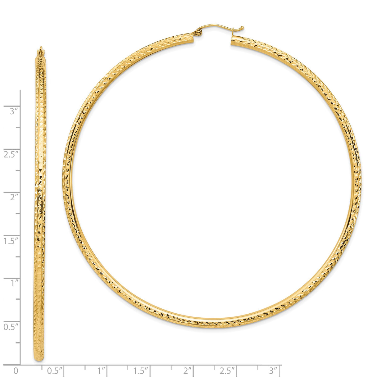 14k Yellow Gold Hoop Earrings, Large Textured Round Design with Diamond Cut Detailing