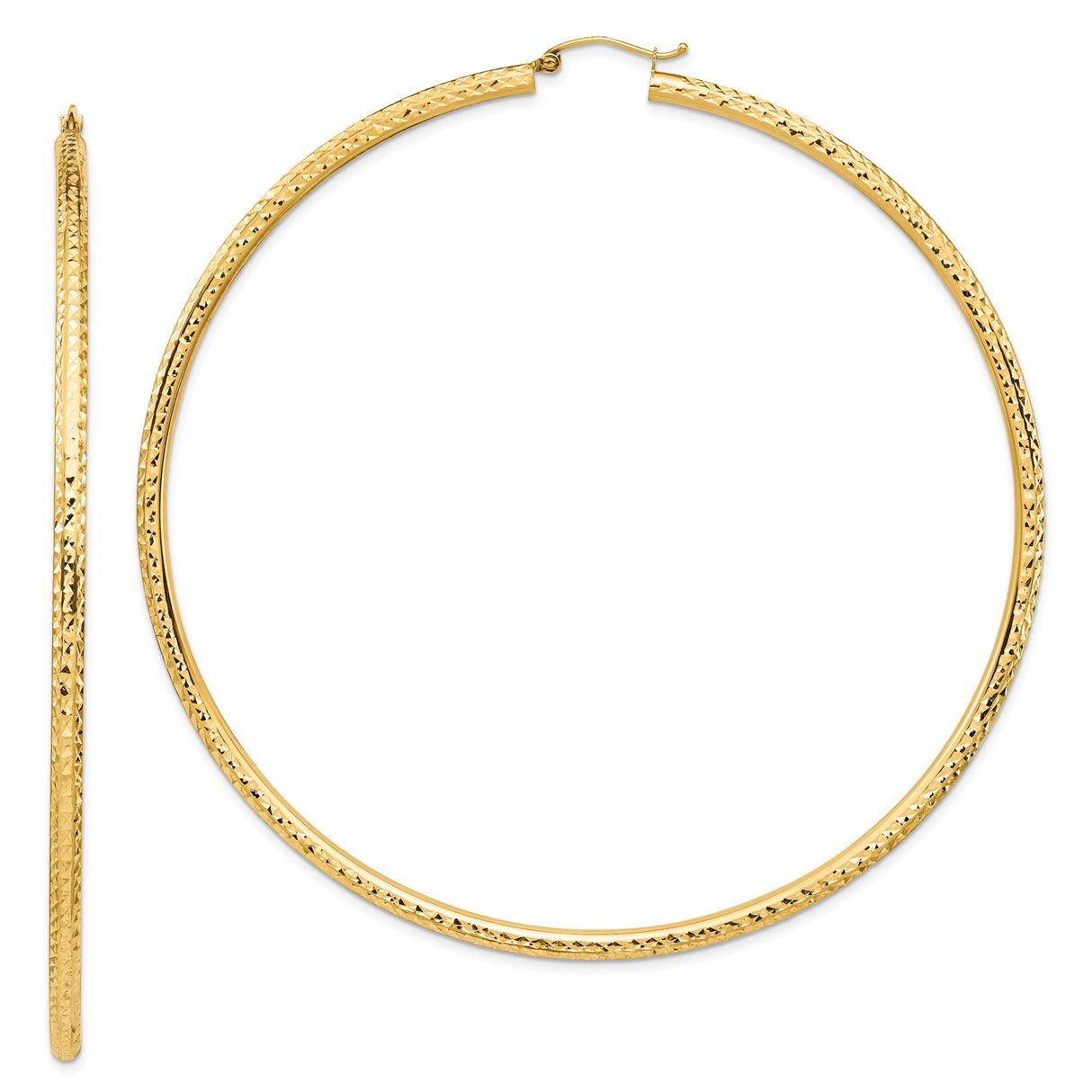 14k Yellow Gold Hoop Earrings, Large Textured Round Design with Diamond Cut Detailing