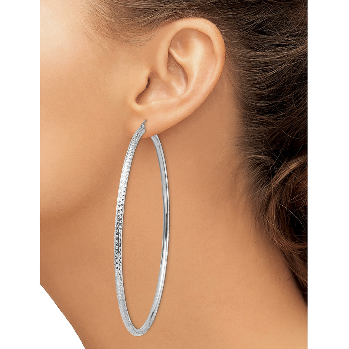 14k White Gold Hoop Earrings, Large Lightweight Round Design with Diamond Cut Texture
