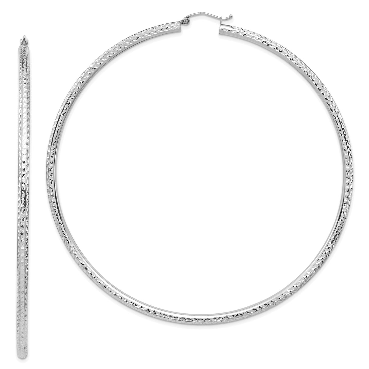 14k White Gold Hoop Earrings, Large Lightweight Round Design with Diamond Cut Texture