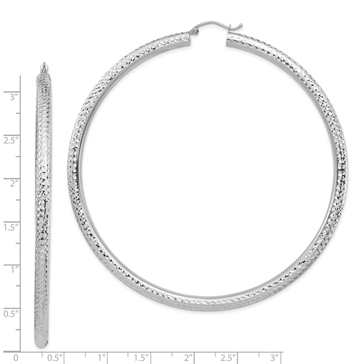 14k White Gold Hoop Earrings with Diamond Cut Design, Textured Lightweight Classic Style for Women