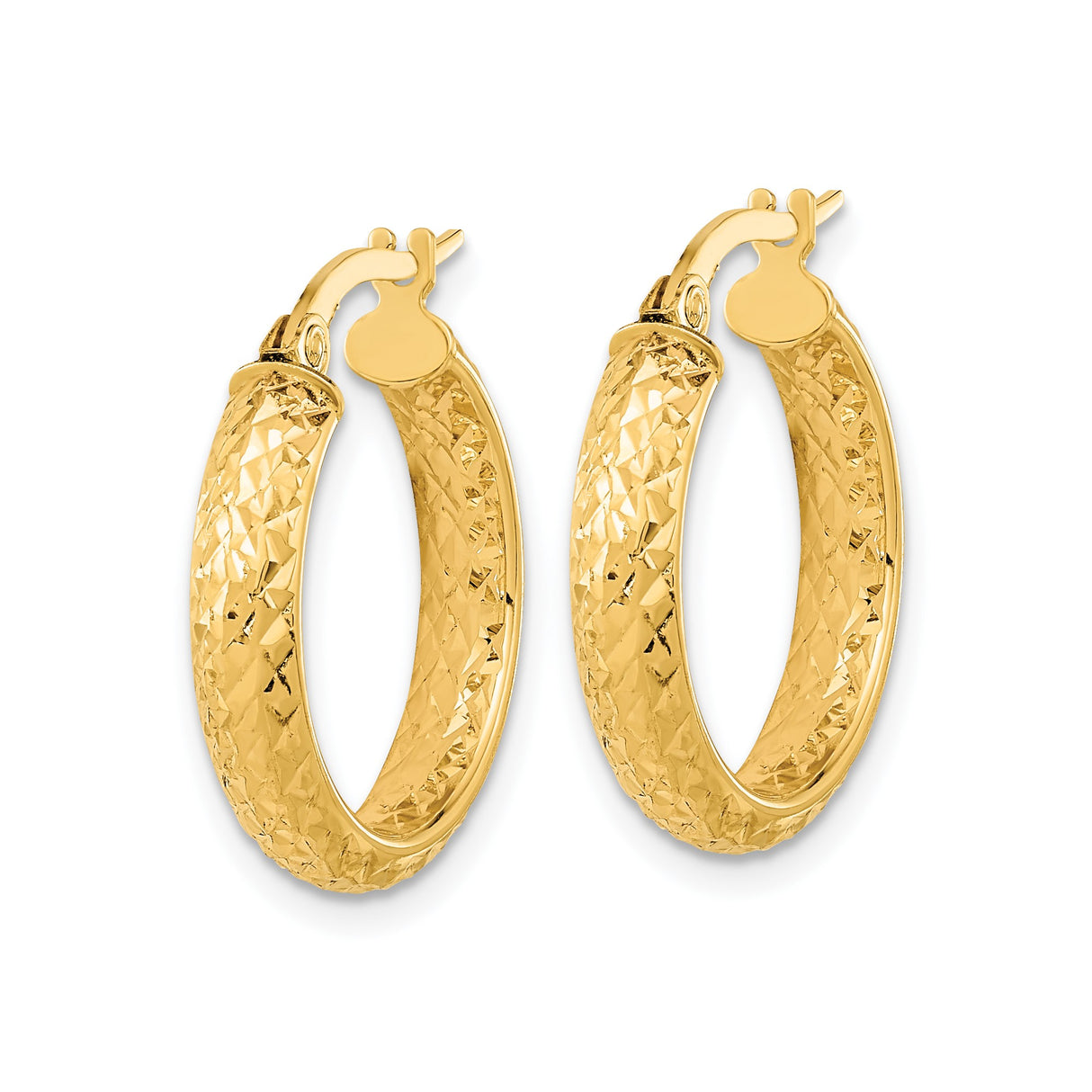14k Yellow Gold Hoop Earrings with Textured Diamond Cut Design, Medium Size for Women