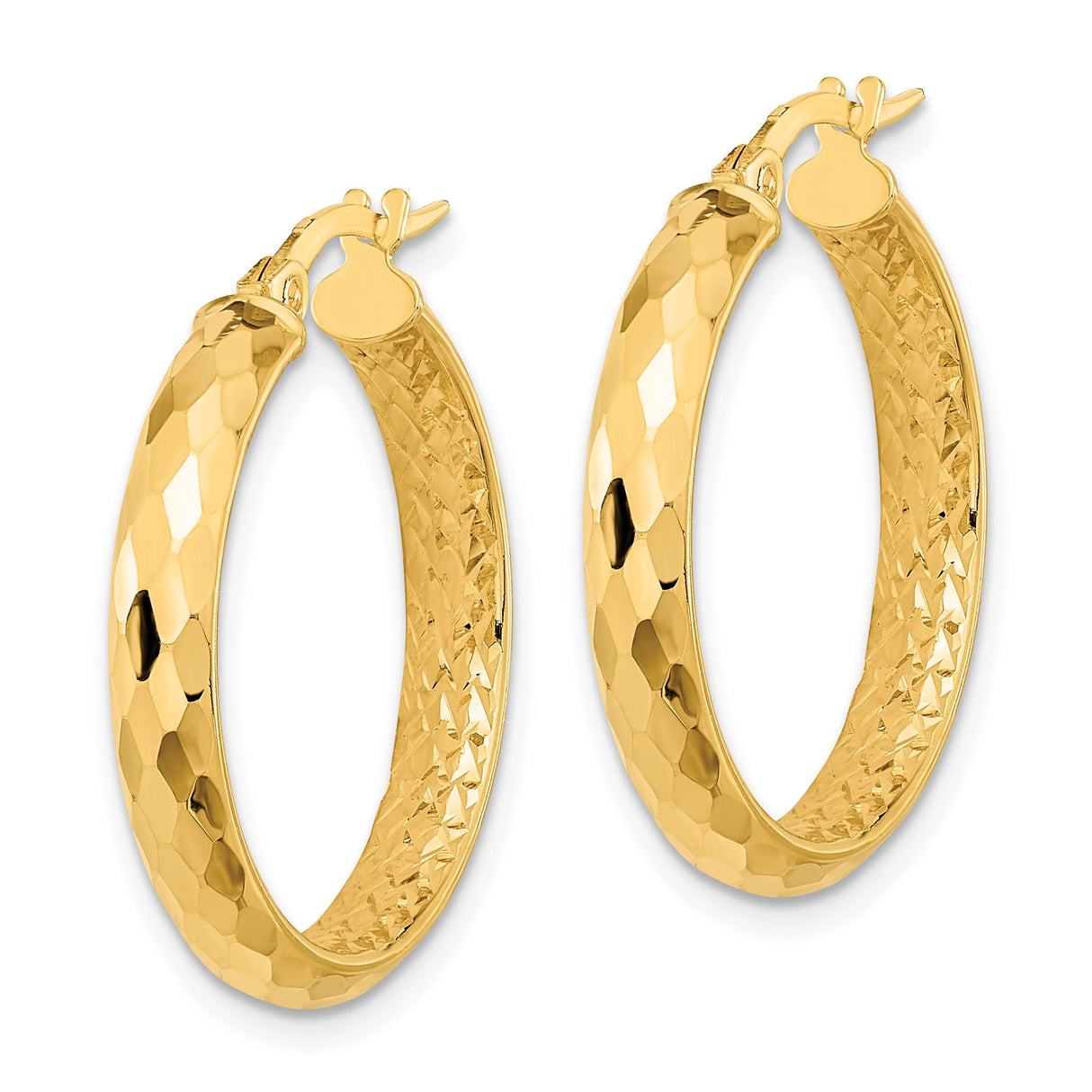 14k Yellow Gold Hoop Earrings, Faceted Textured Diamond Cut Design, Lightweight Classic Style for Women