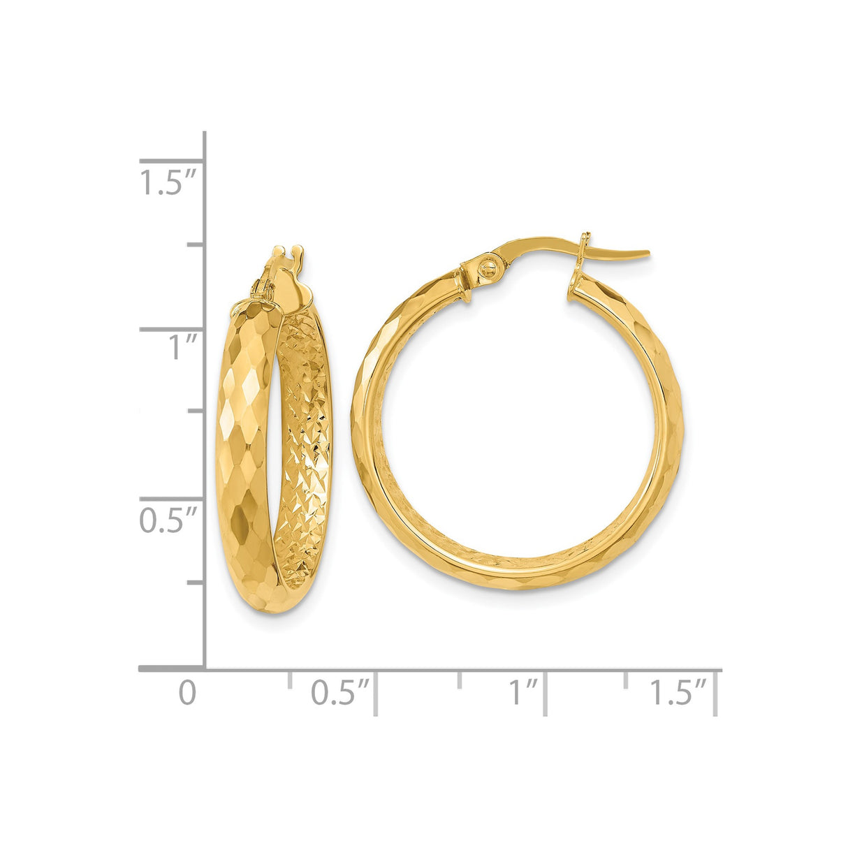 14k Yellow Gold Hoop Earrings, Faceted Textured Diamond Cut Design, Lightweight Classic Style for Women