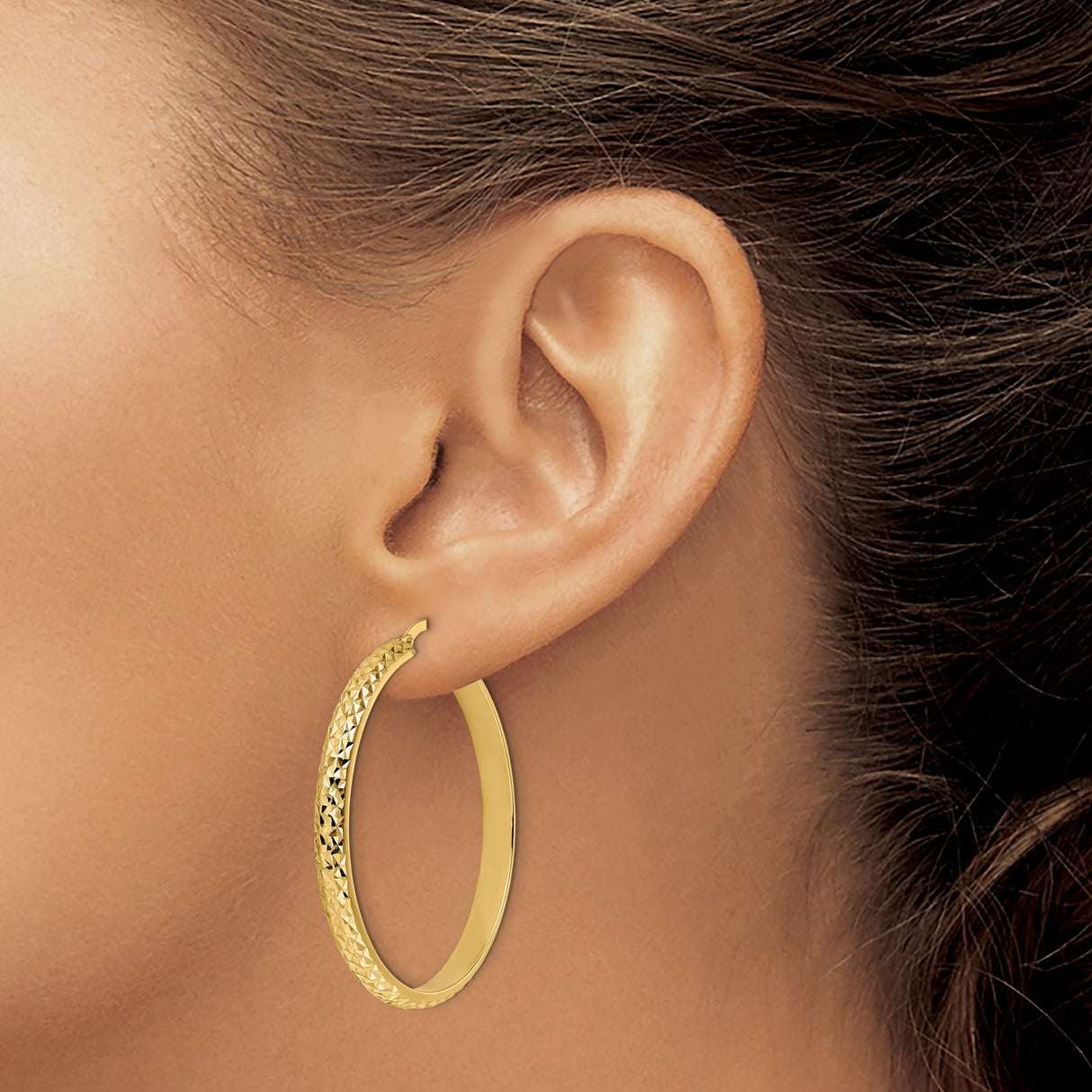 14k Yellow Gold Hoop Earrings, Diamond Cut with Textured High Polish Finish, Lightweight Round Style