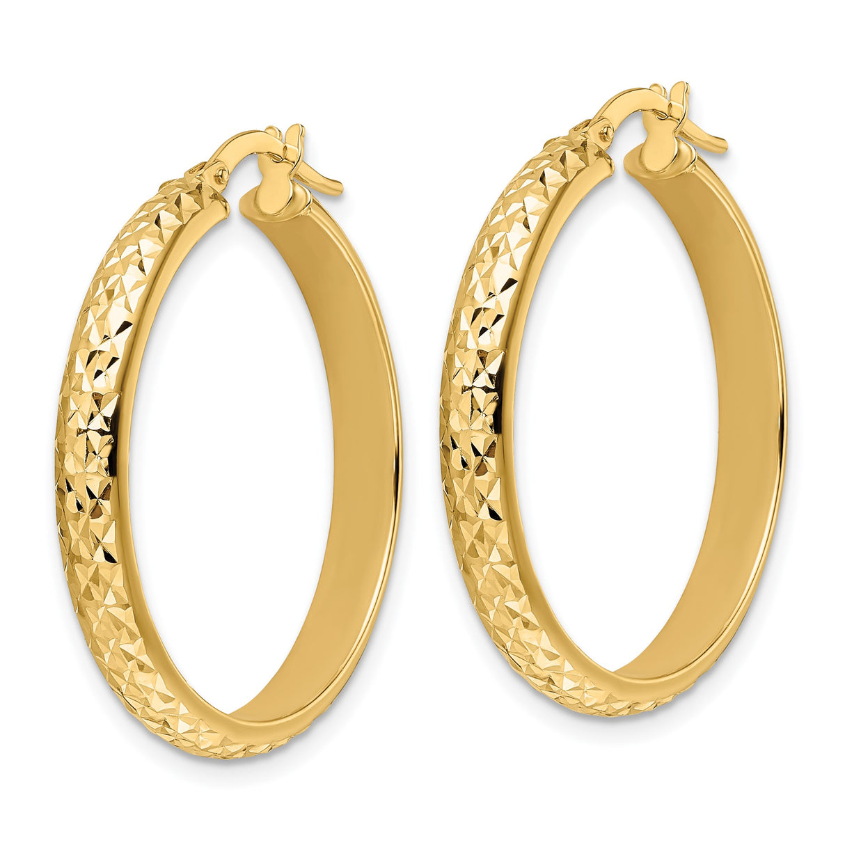 14k Yellow Gold Hoop Earrings with Textured Diamond Cut Design and Latch Back Closure