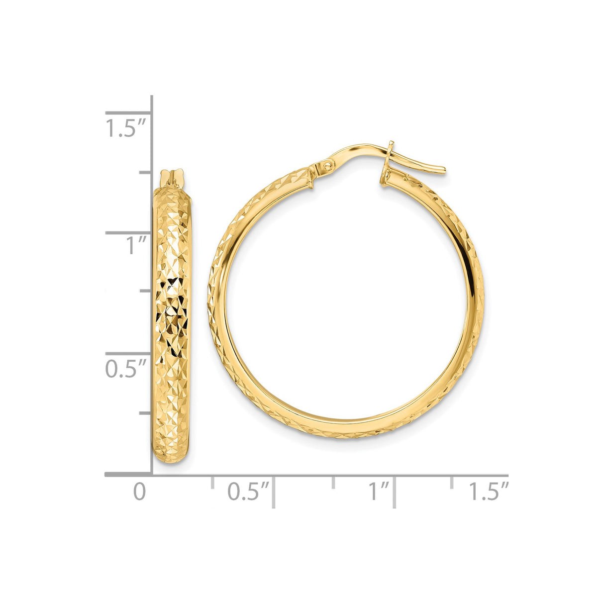 14k Yellow Gold Hoop Earrings with Textured Diamond Cut Design and Latch Back Closure