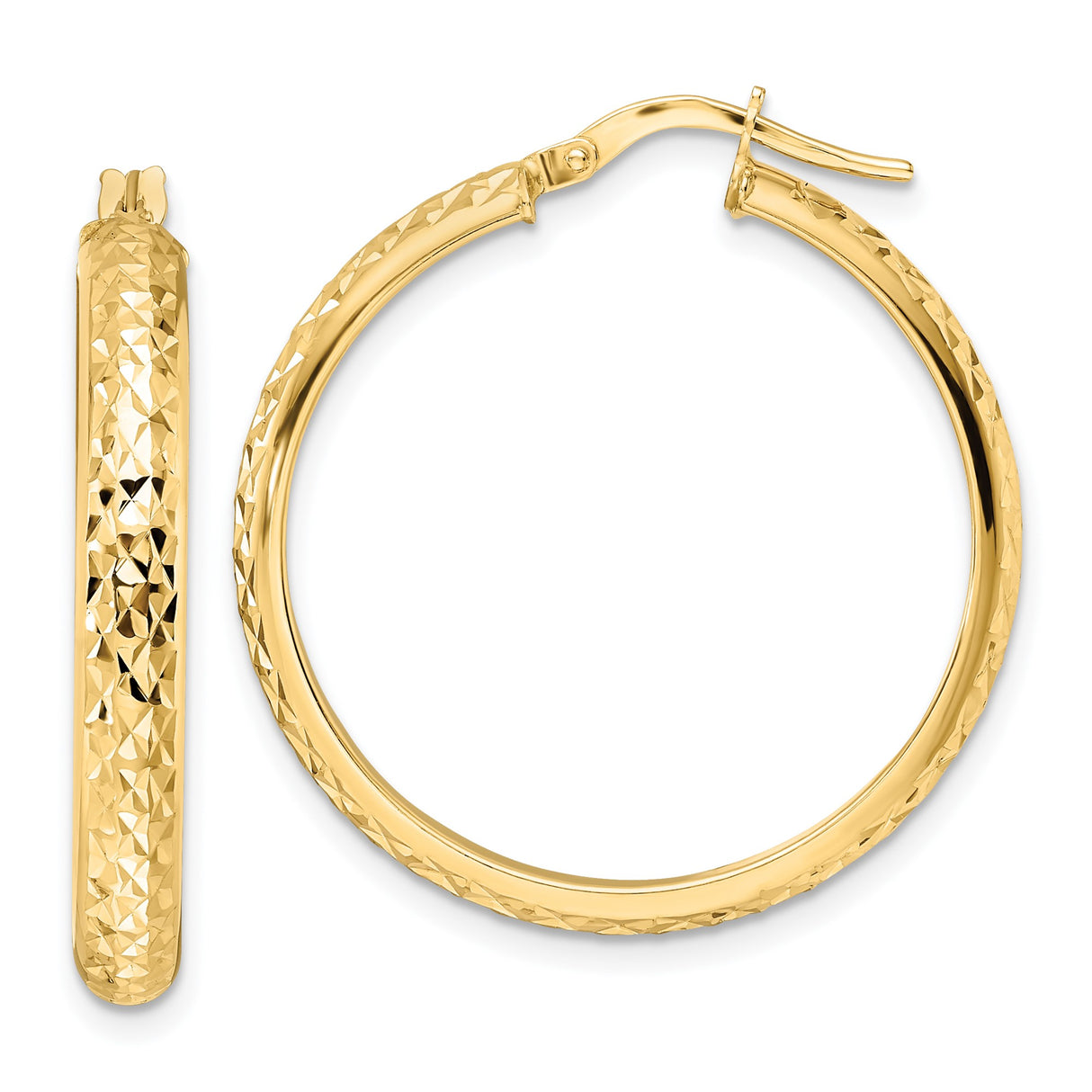 14k Yellow Gold Hoop Earrings with Textured Diamond Cut Design and Latch Back Closure