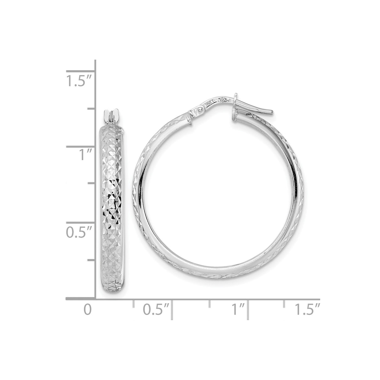 14k White Gold Hoop Earrings with Textured Diamond Cut Finish, Lightweight Sparkly Design