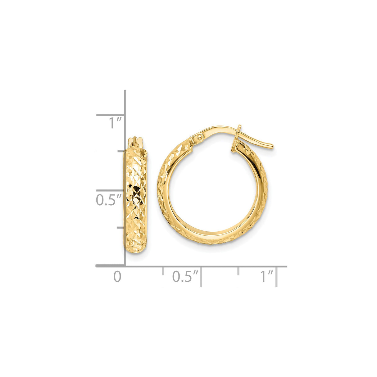 14k Yellow Gold Hoop Earrings, Polished Diamond-Cut Textured Round Hoops with Latch-Back Closure