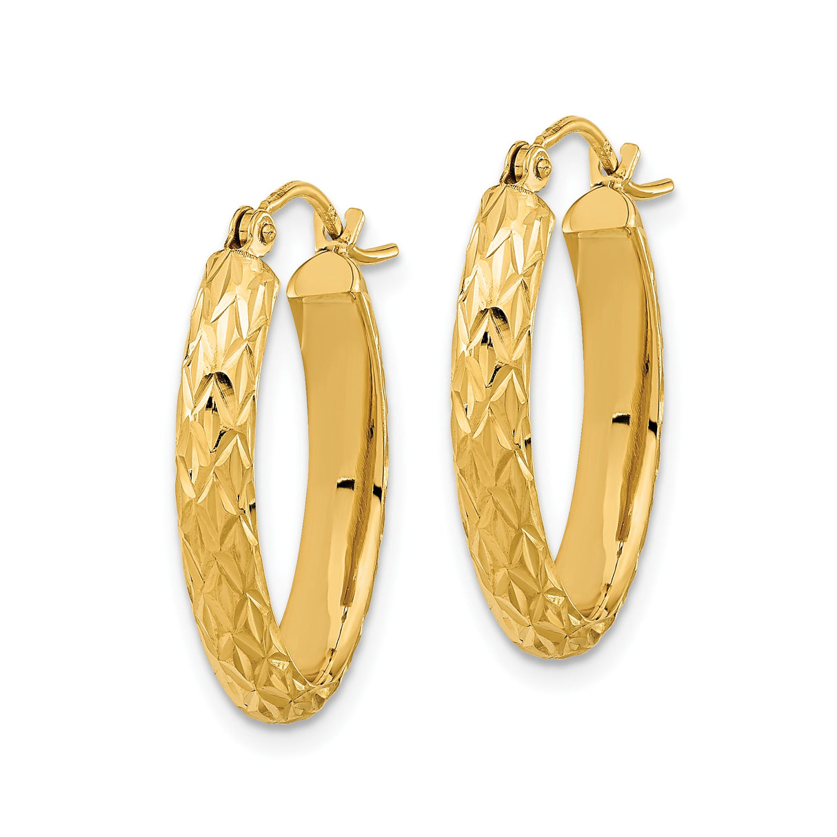 14k Yellow Gold Oval Hoop Earrings, Polished Textured with Diamond-Cut Detailing