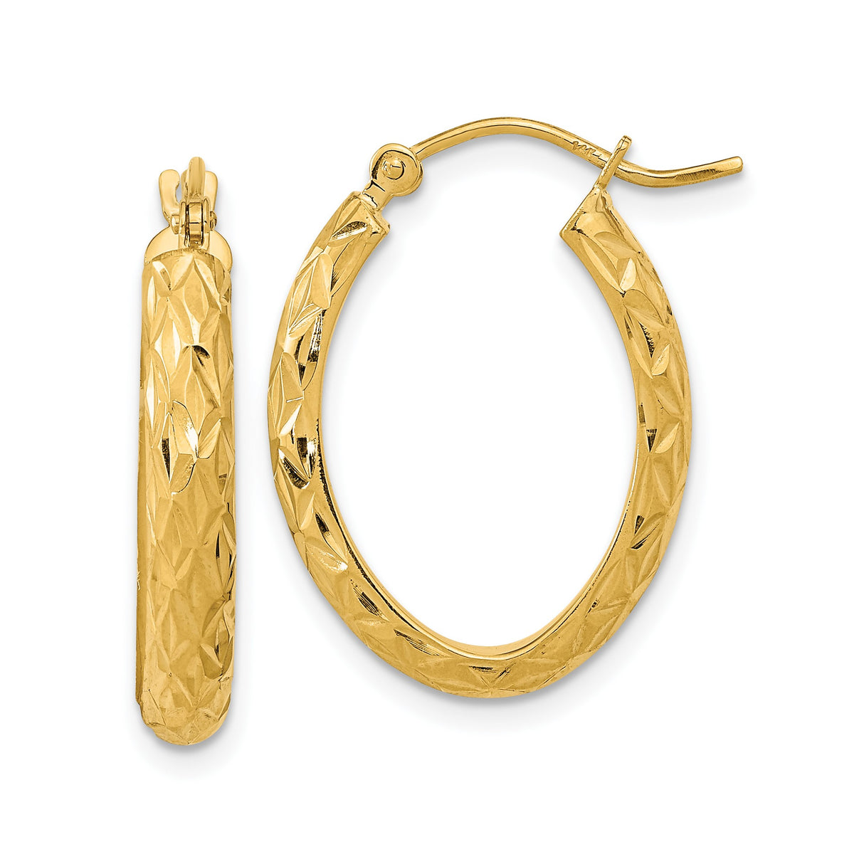 14k Yellow Gold Oval Hoop Earrings, Polished Textured with Diamond-Cut Detailing