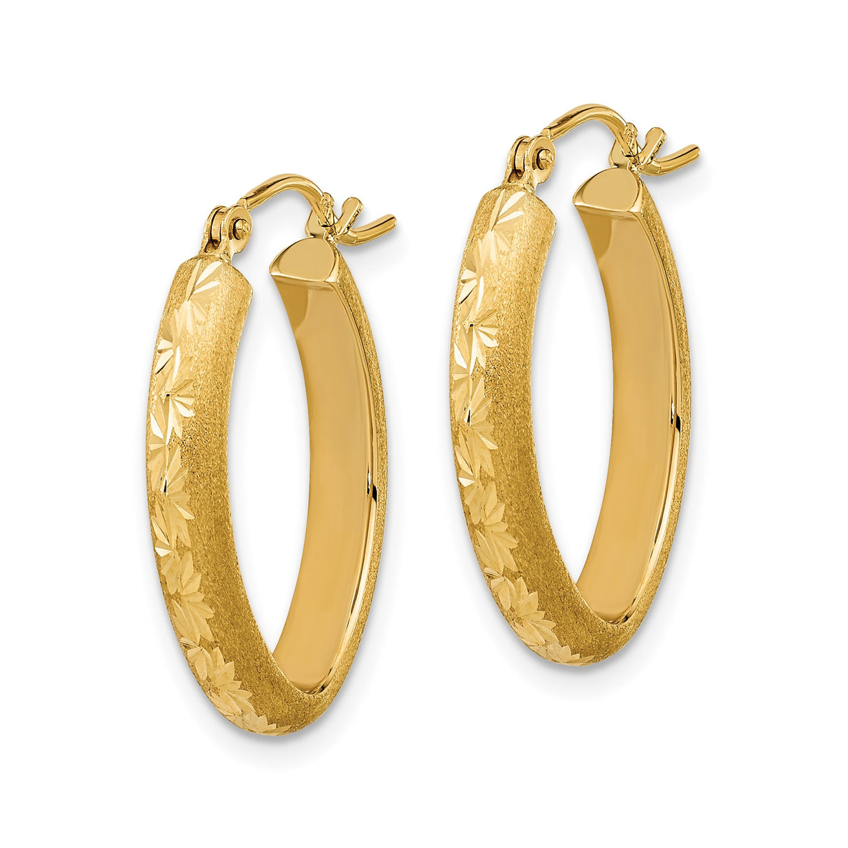 14k Yellow Gold Hoop Earrings with Oval Shape, Textured Matte Finish, Floral Engraving, Starburst Detail