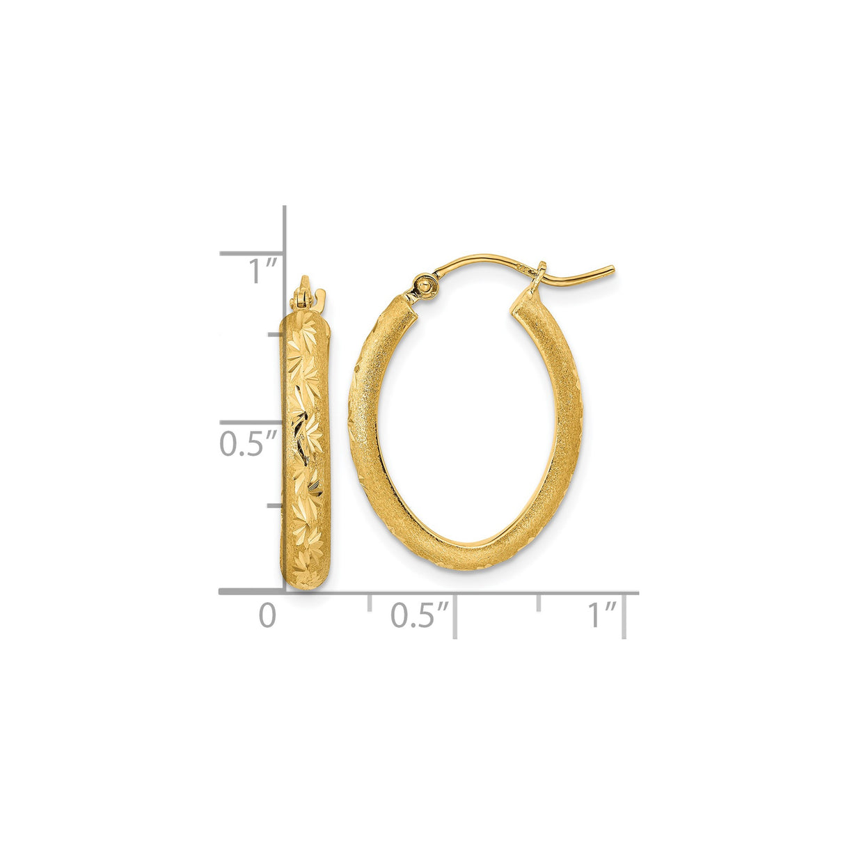 14k Yellow Gold Hoop Earrings with Oval Shape, Textured Matte Finish, Floral Engraving, Starburst Detail