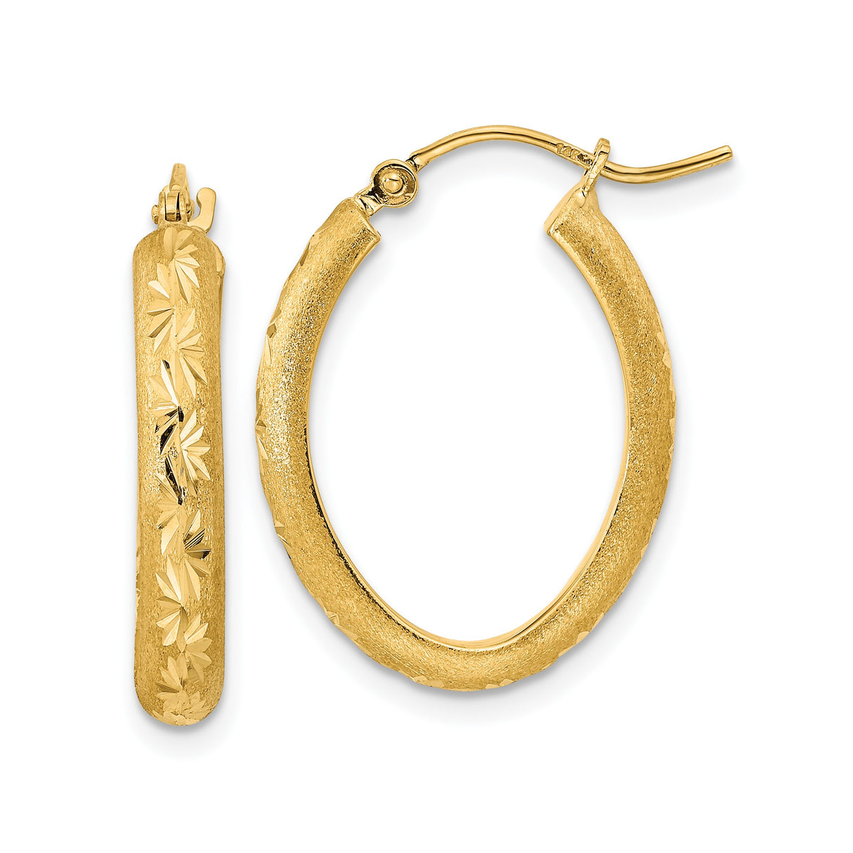 14k Yellow Gold Hoop Earrings with Oval Shape, Textured Matte Finish, Floral Engraving, Starburst Detail