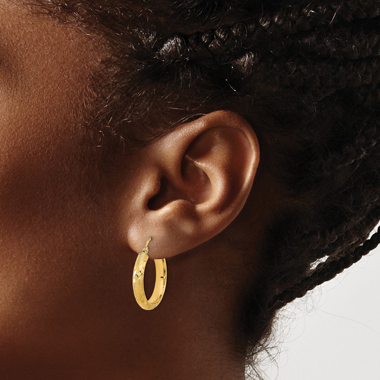 14k Yellow Gold Hoop Earrings, Textured Diamond Cut Twisted Design, Polished Finish