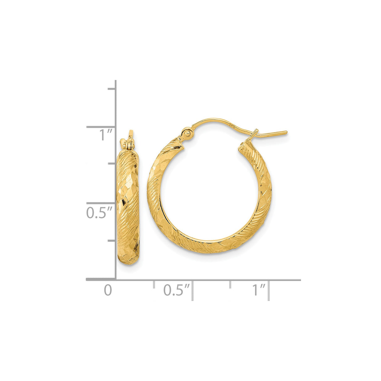 14k Yellow Gold Hoop Earrings, Textured Diamond Cut Twisted Design, Polished Finish