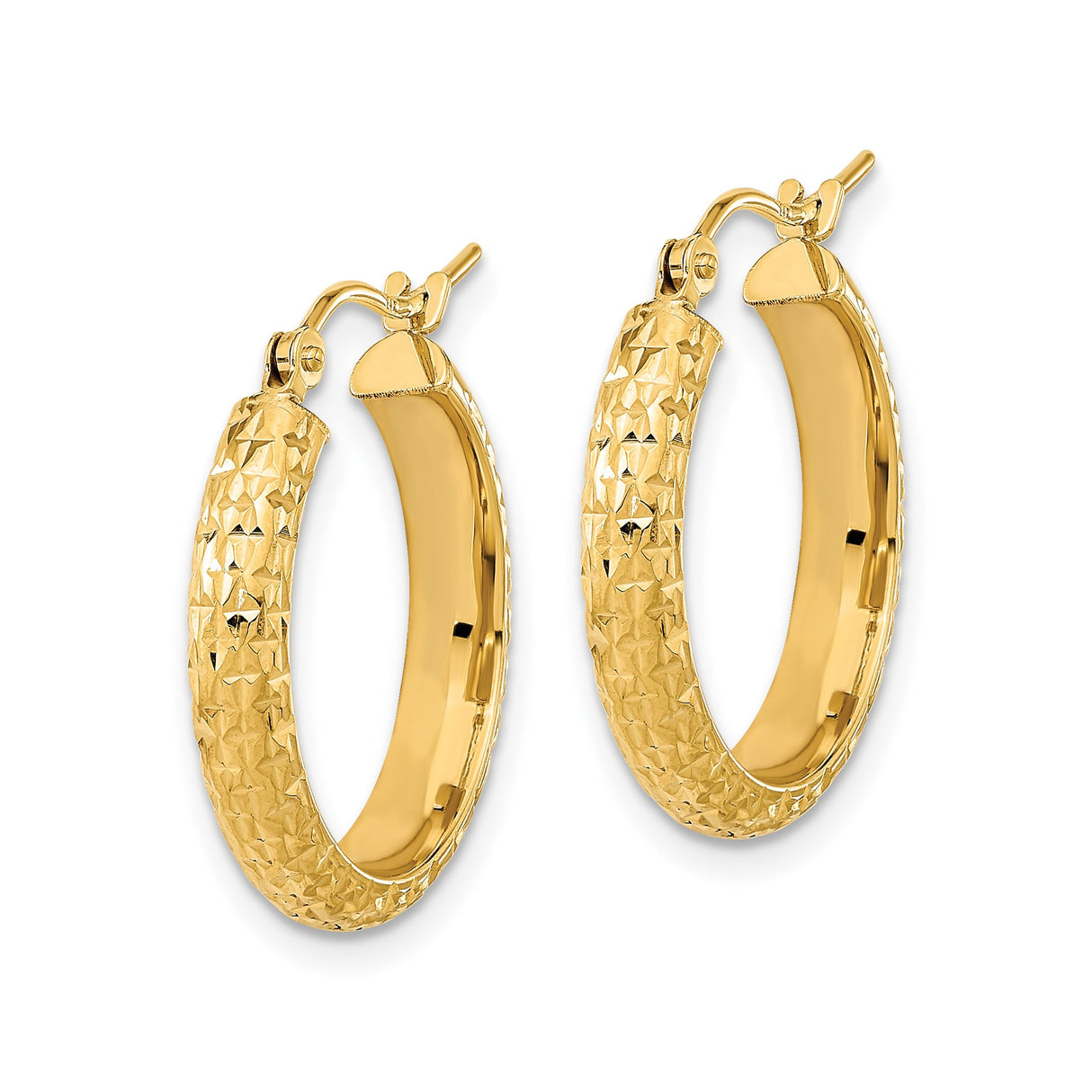 14k Yellow Gold Hoop Earrings, Textured Diamond Cut Shimmer Finish, Lightweight Round Design