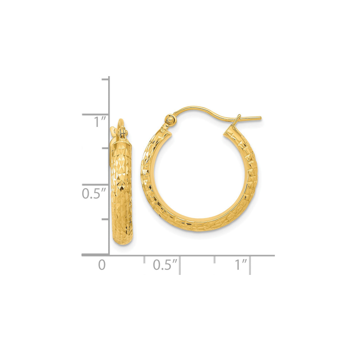 14k Yellow Gold Hoop Earrings, Textured Diamond Cut Shimmer Finish, Lightweight Round Design