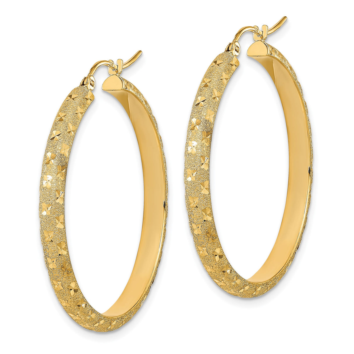 14k Yellow Gold Hoop Earrings, Textured with Diamond Cut Design, Polished Brushed Finish