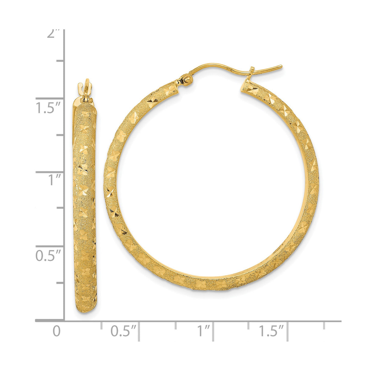 14k Yellow Gold Hoop Earrings, Textured with Diamond Cut Design, Polished Brushed Finish