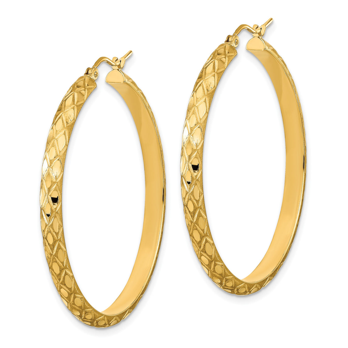 14k Yellow Gold Hoop Earrings, Diamond Cut Texture, Polished and Satin Finish