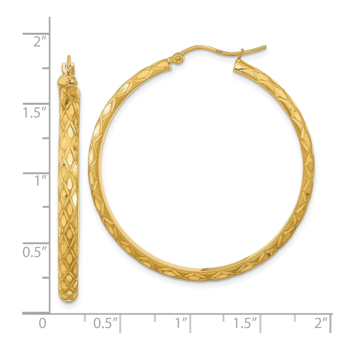 14k Yellow Gold Hoop Earrings, Diamond Cut Texture, Polished and Satin Finish