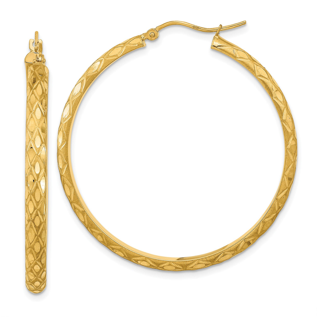 14k Yellow Gold Hoop Earrings, Diamond Cut Texture, Polished and Satin Finish