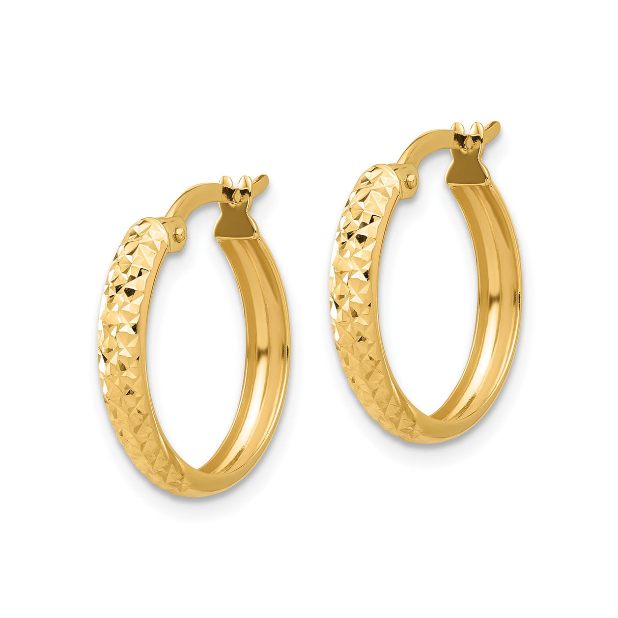 14k Yellow Gold Hoop Earrings, Polished and Diamond Cut Textured Round Design with Hinged Closure