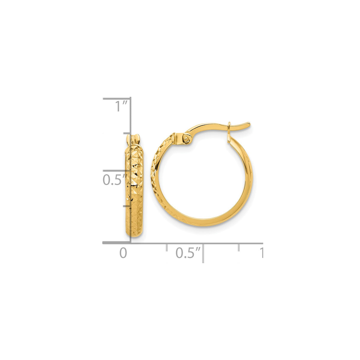 14k Yellow Gold Hoop Earrings, Polished and Diamond Cut Textured Round Design with Hinged Closure