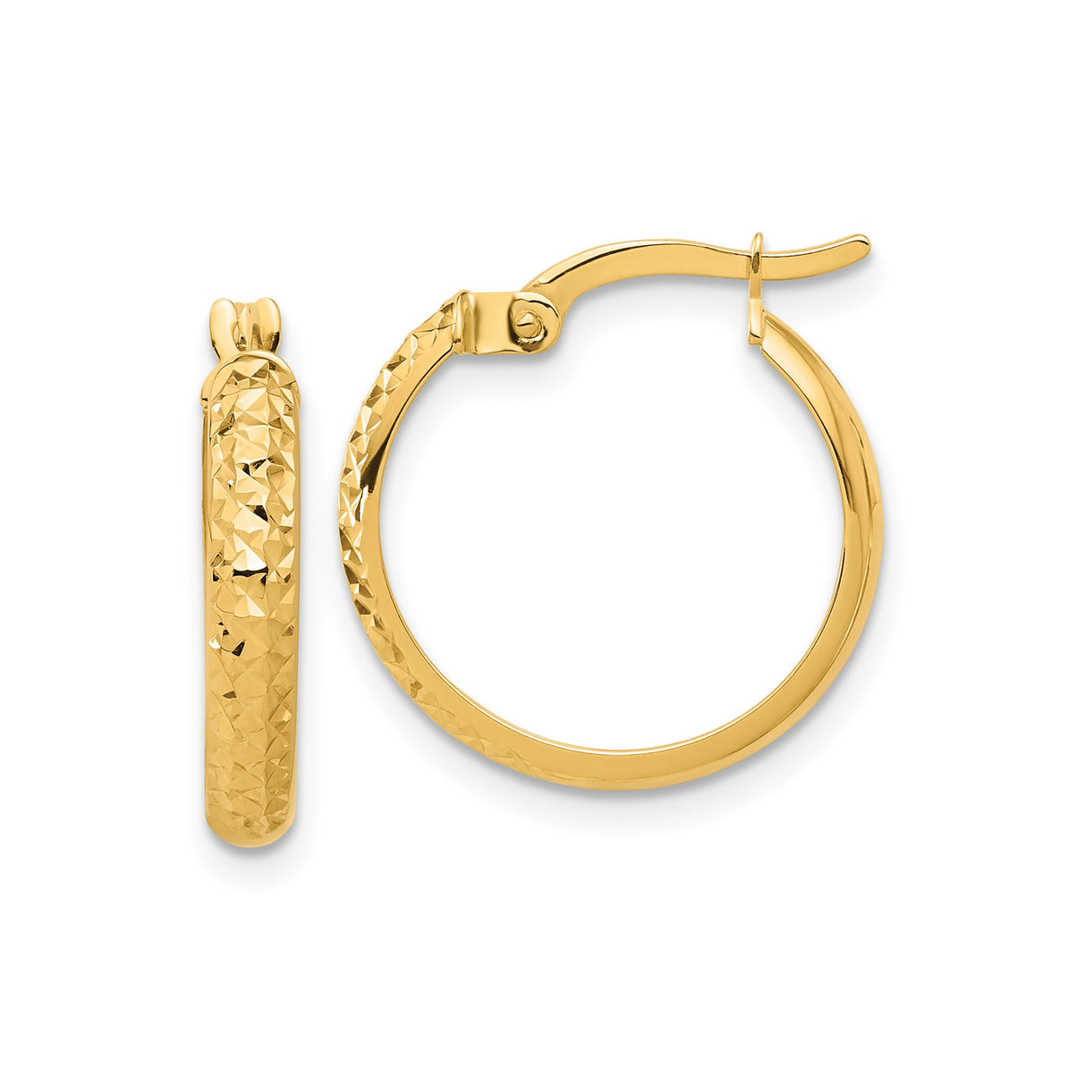 14k Yellow Gold Hoop Earrings, Polished and Diamond Cut Textured Round Design with Hinged Closure