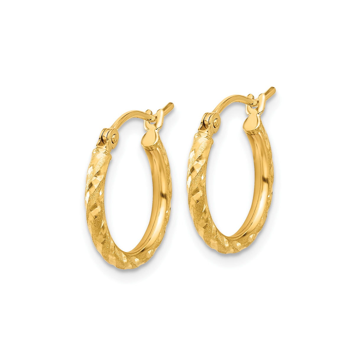14k Yellow Gold Hoop Earrings, Twisted Diamond Cut, Polished Satin Finish, Lightweight for Women