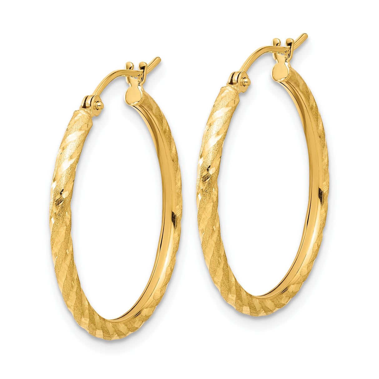 14k Yellow Gold Hoop Earrings with Twisted Diamond-Cut Design and Polished Satin Finish