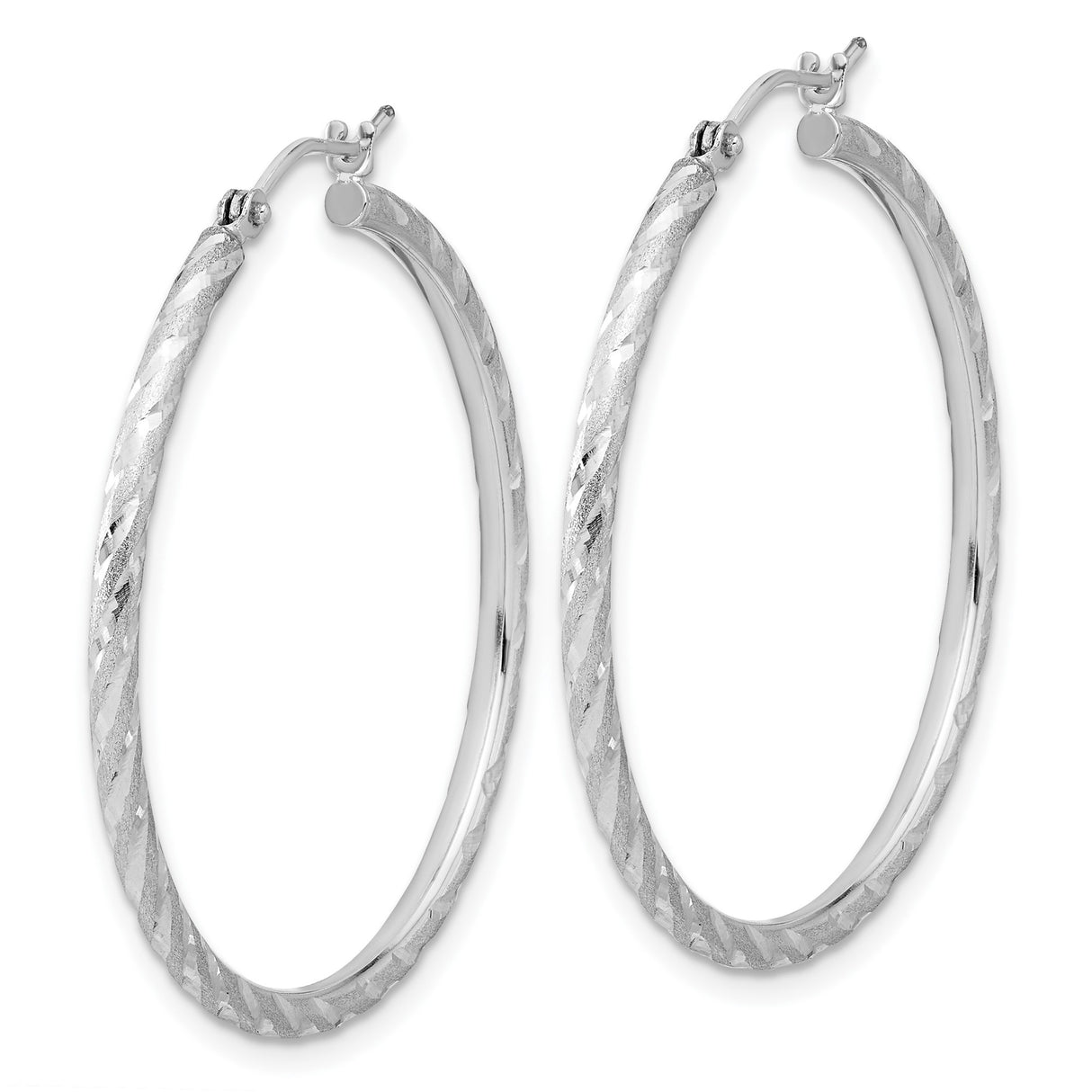 14k White Gold Hoop Earrings, Textured Twisted Diamond-Cut Design, Polished Satin Finish