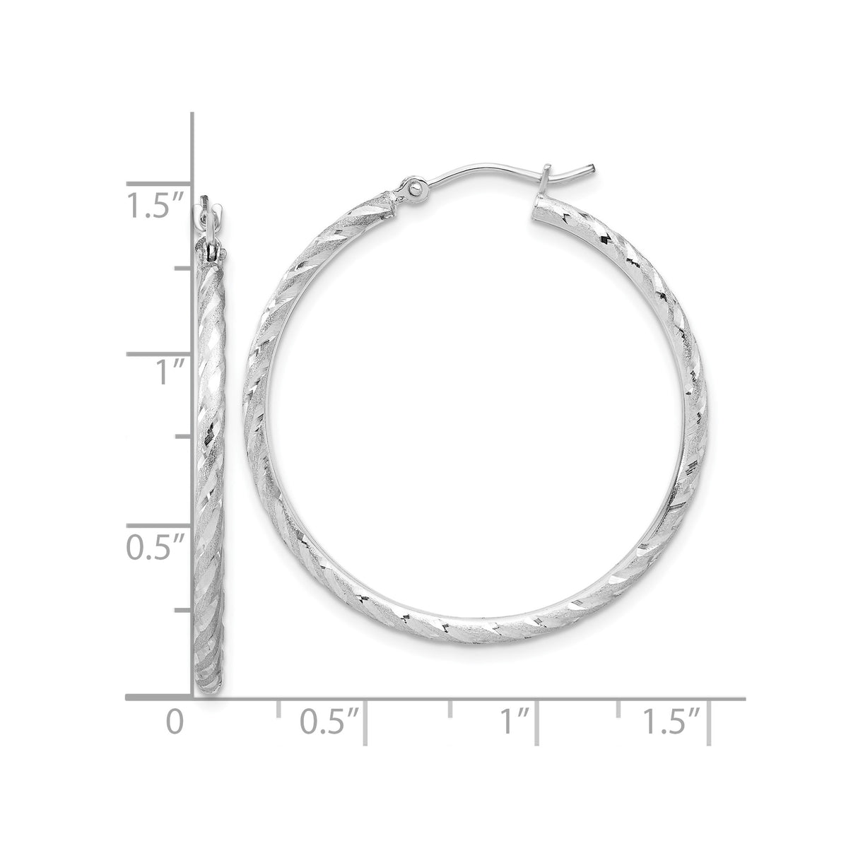 14k White Gold Hoop Earrings, Textured Twisted Diamond-Cut Design, Polished Satin Finish
