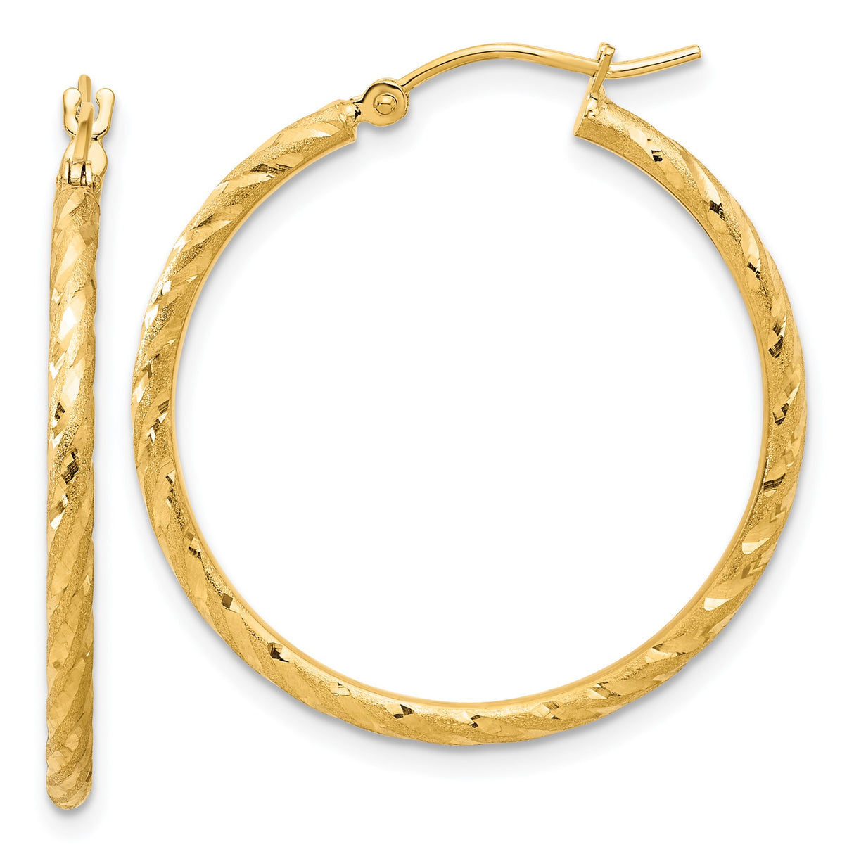 14k Yellow Gold Hoop Earrings with Twisted Diamond Cut Design and Polished Finish