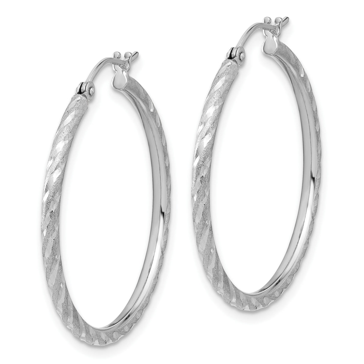 14k White Gold Hoop Earrings, Twisted Diamond Cut Textured Design