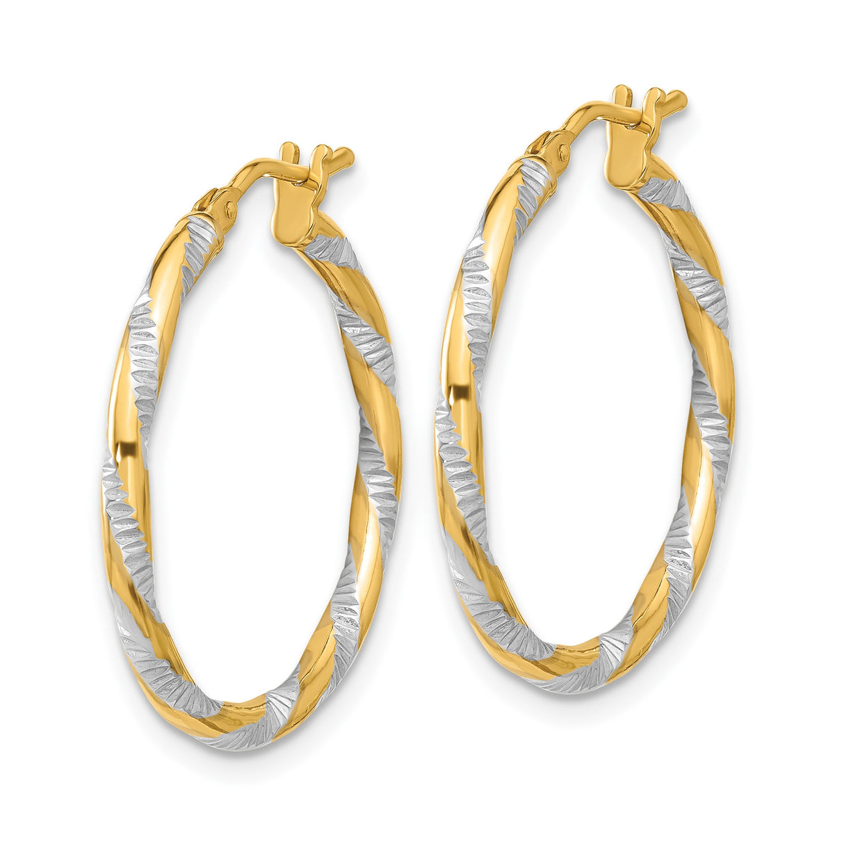 14k Yellow Gold Two Tone Twisted Hoop Earrings with Diamond Cut White Gold, Medium Size