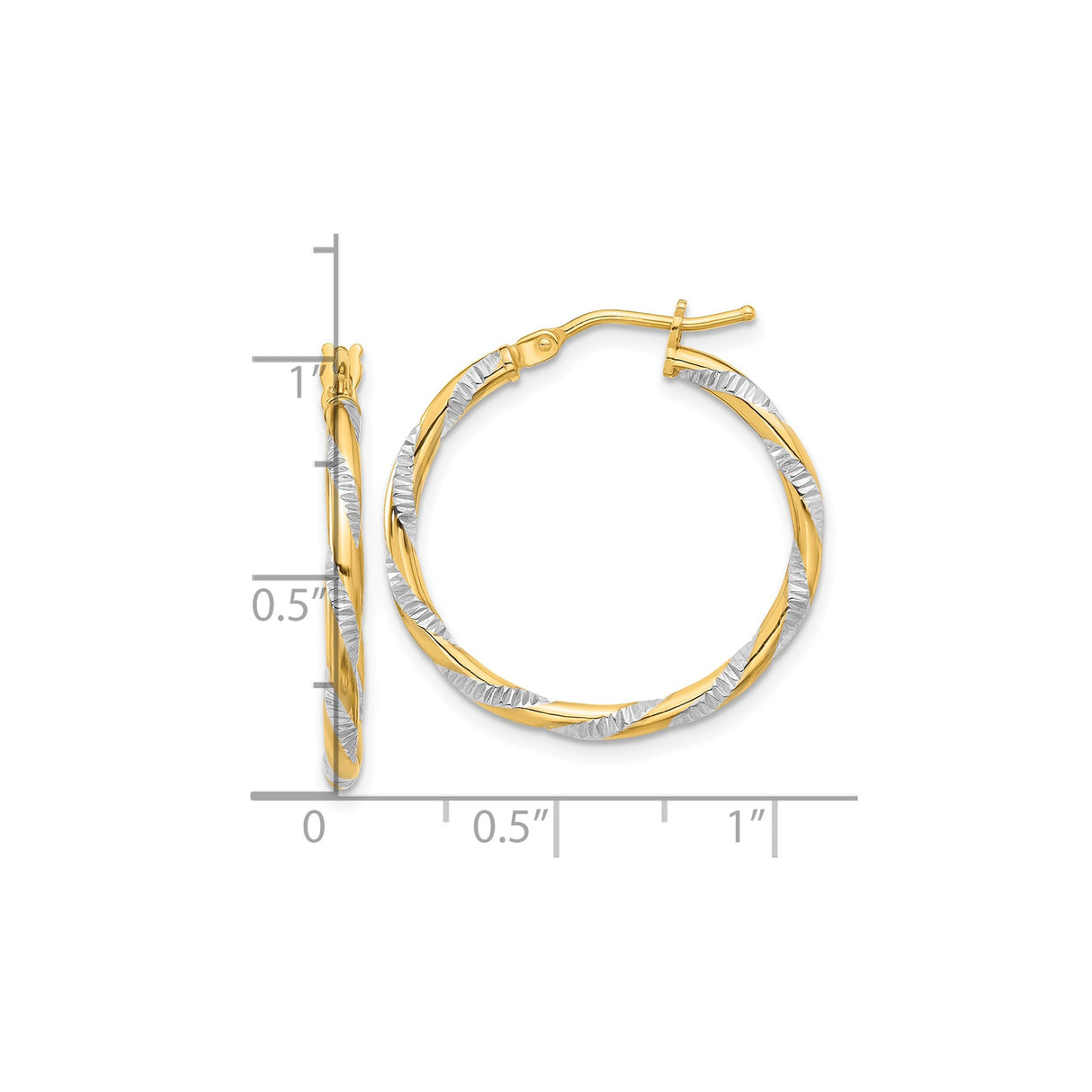 14k Yellow Gold Two Tone Twisted Hoop Earrings with Diamond Cut White Gold, Medium Size