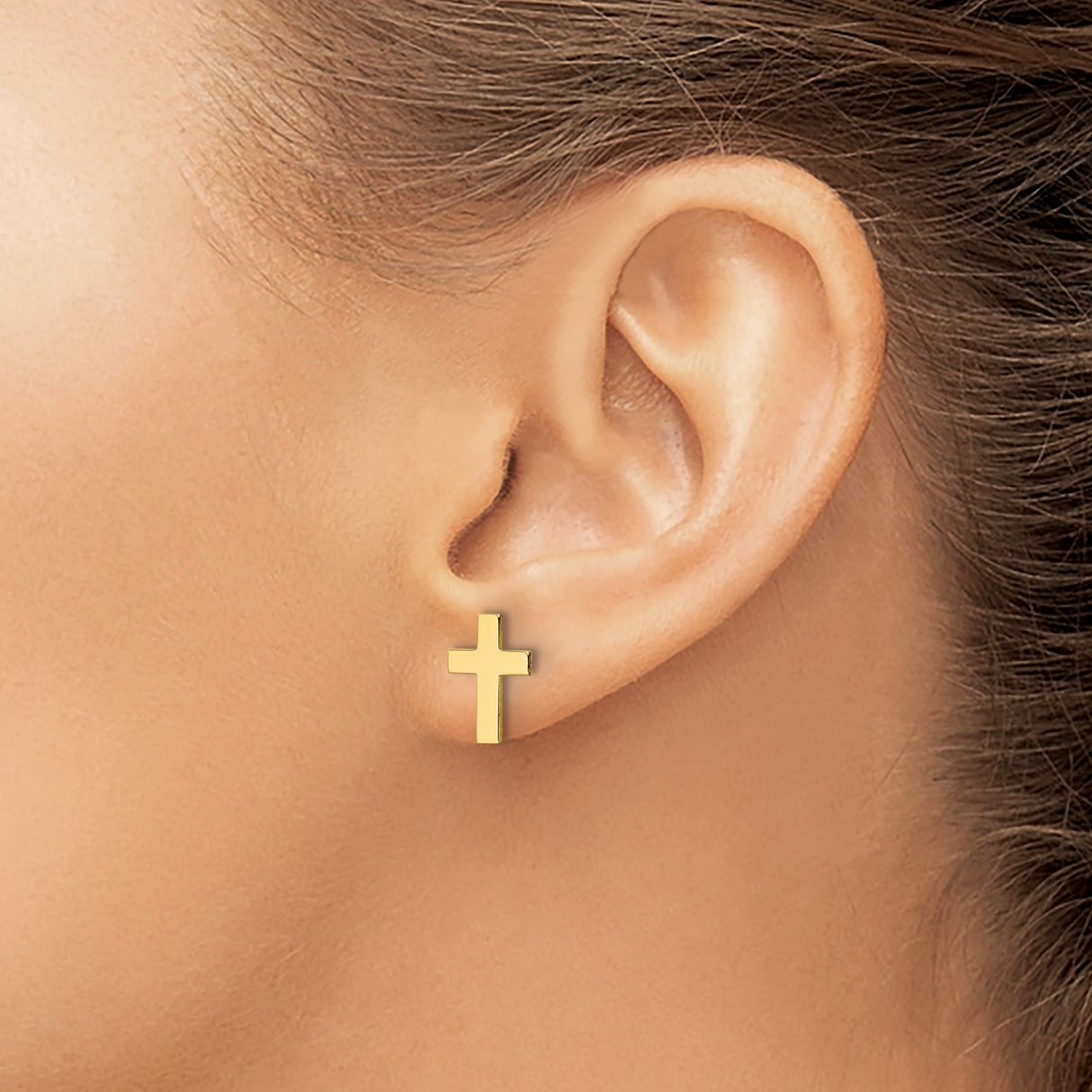 14k Yellow Gold Cross Stud Earrings, Polished Christian Design, Minimalist Religious Jewelry for Women