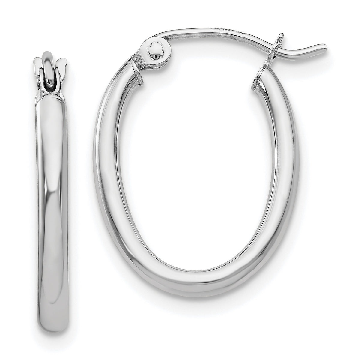 14k White Gold Oval Hoop Earrings, Polished Minimalist Hinged Design for Women