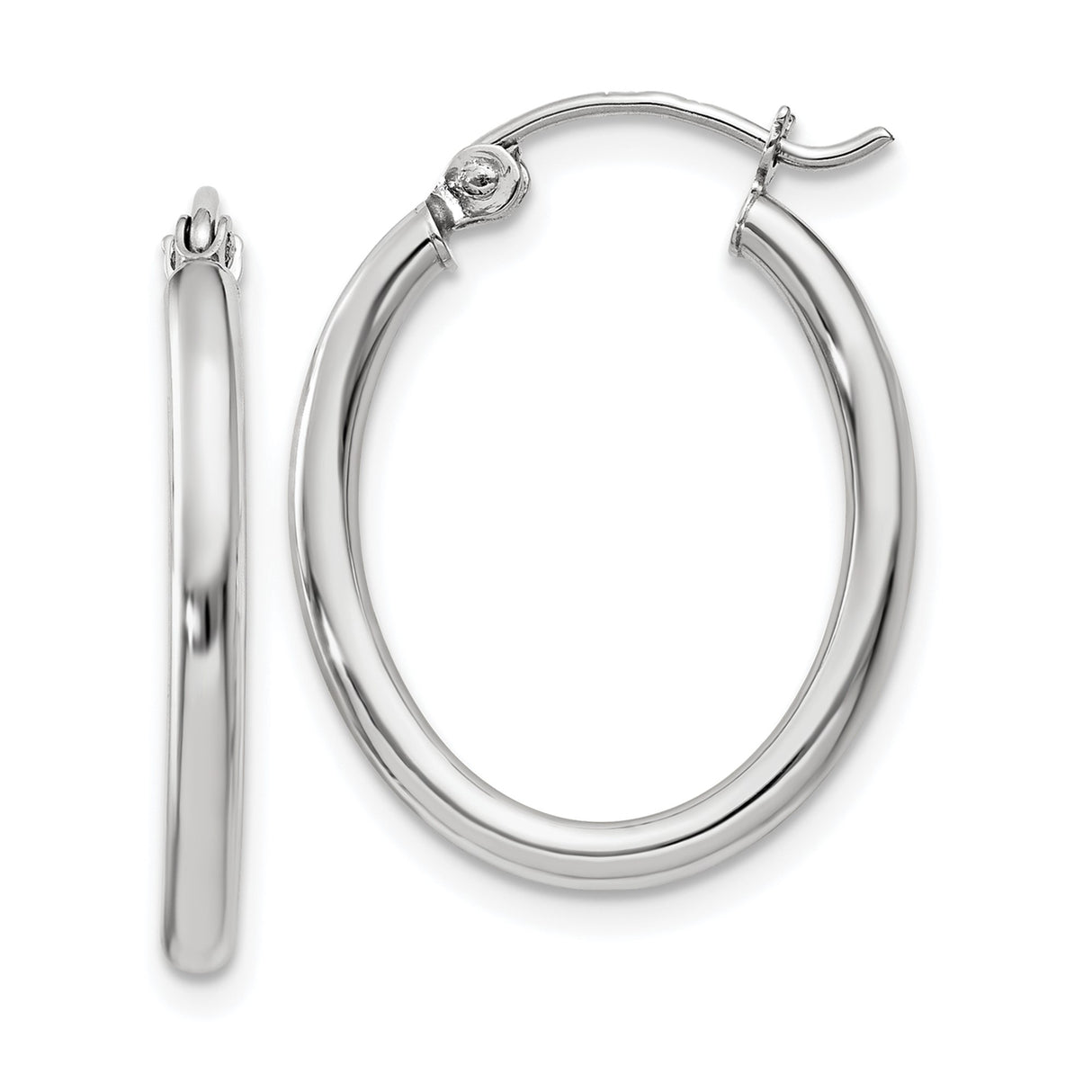 14k White Gold Oval Hoop Earrings, Polished Finish, Hinged Snap Clasp, Lightweight Design
