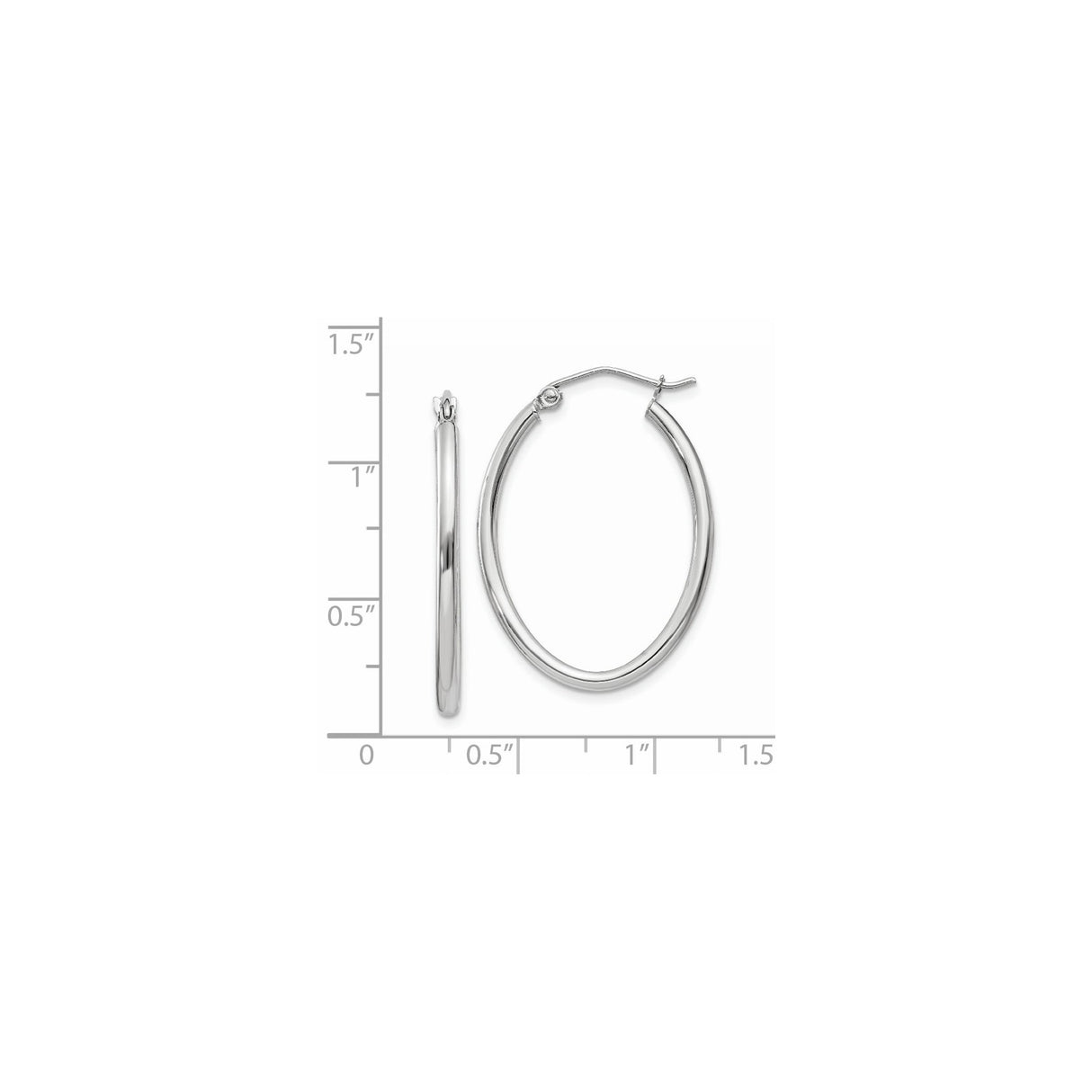14k White Gold Oval Hoop Earrings with Hinged Snap Back Closure, Polished Finish, Medium Size