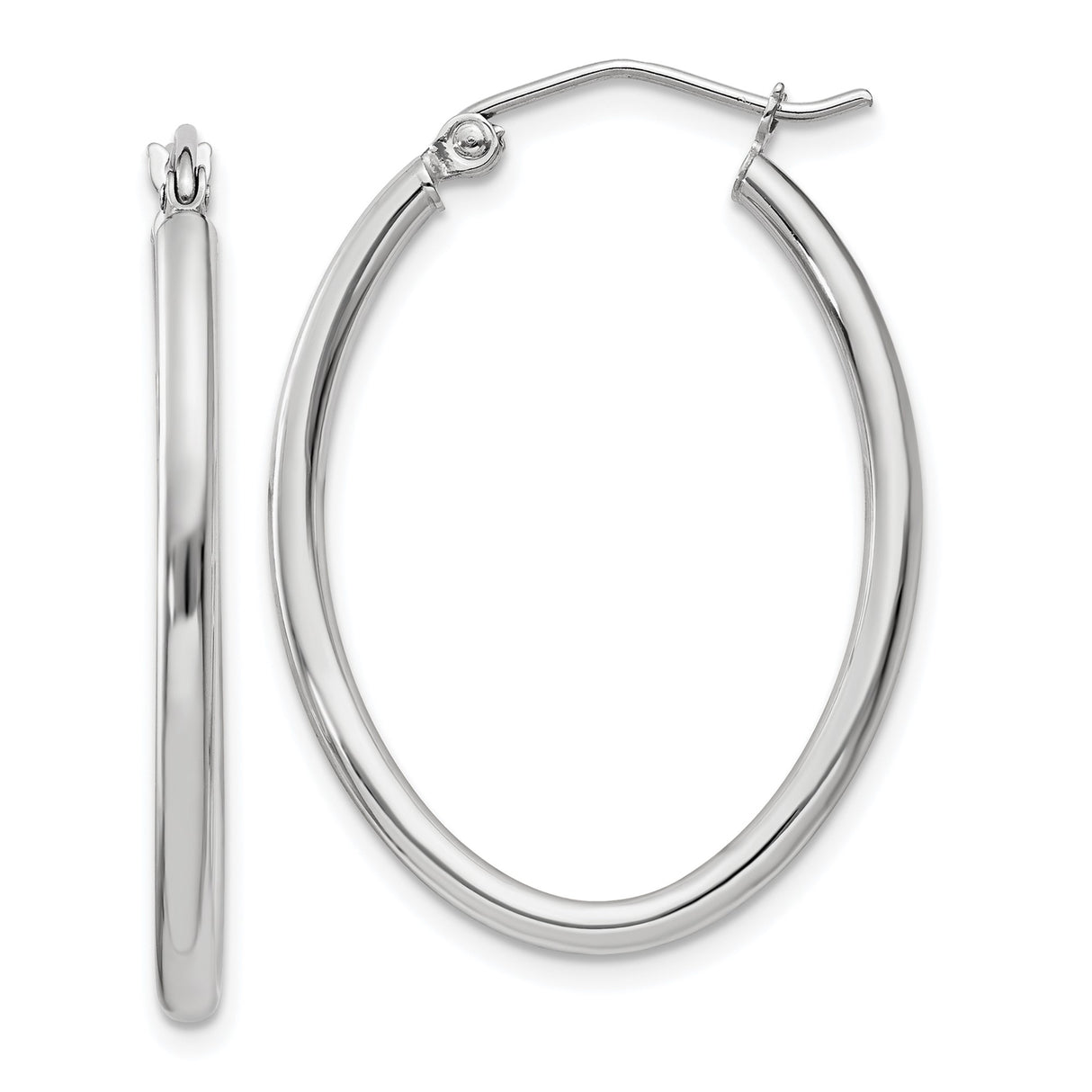 14k White Gold Oval Hoop Earrings with Hinged Snap Back Closure, Polished Finish, Medium Size