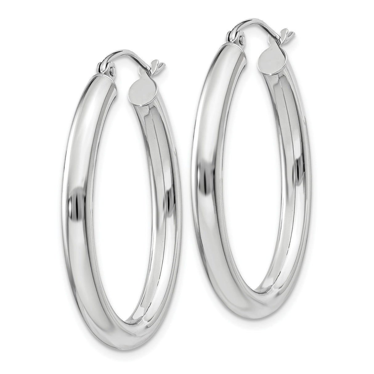 14k White Gold Hoop Earrings, Polished Oval Design, Hinged Back, Lightweight Classic Style