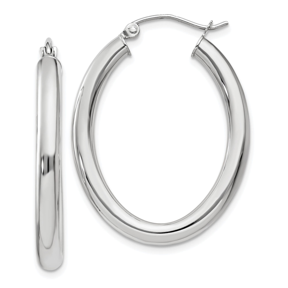 14k White Gold Hoop Earrings, Polished Oval Design, Hinged Back, Lightweight Classic Style
