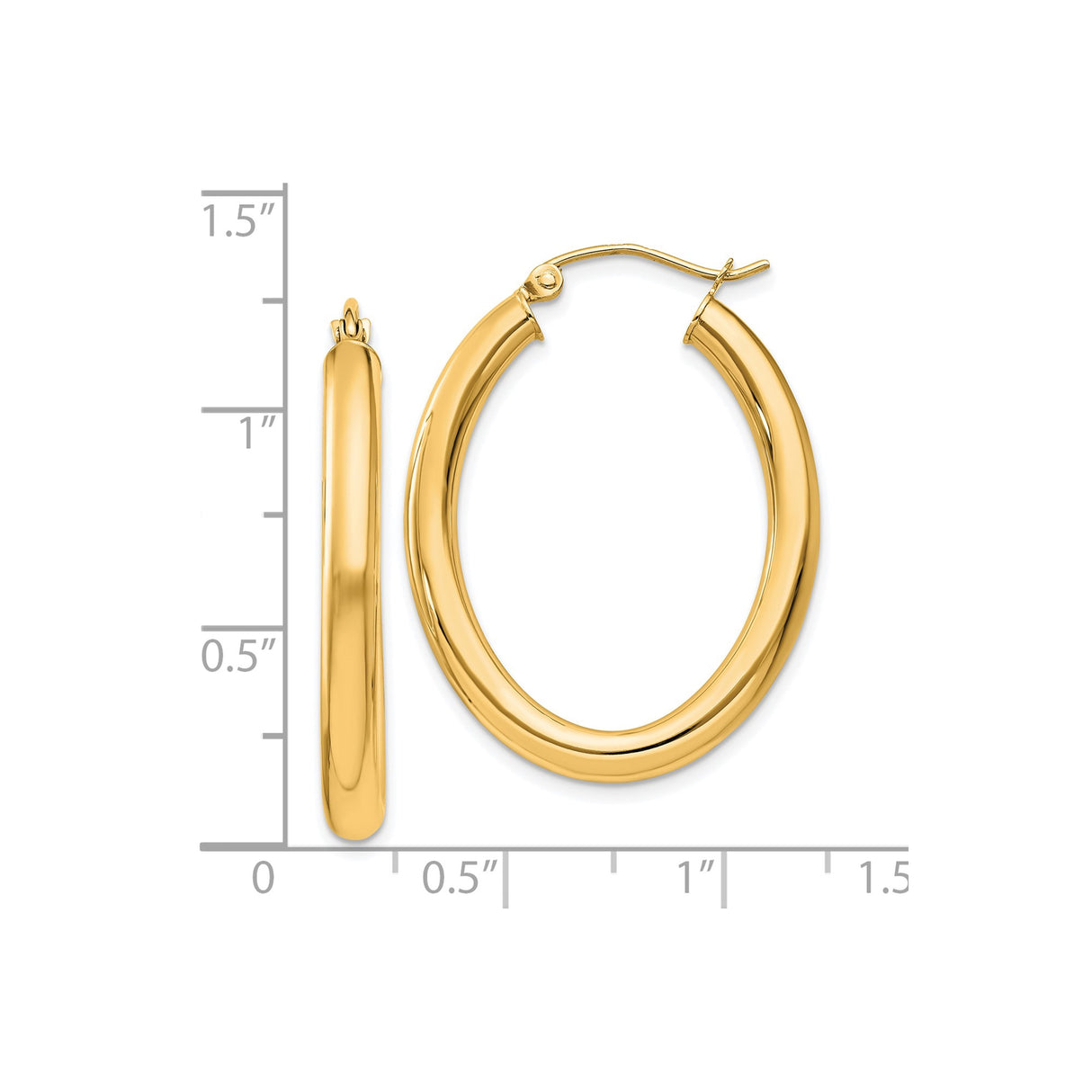 14k Yellow Gold Oval Hoop Earrings, Mid-Size, Lightweight with Secure Clasp, High-Polish Finish