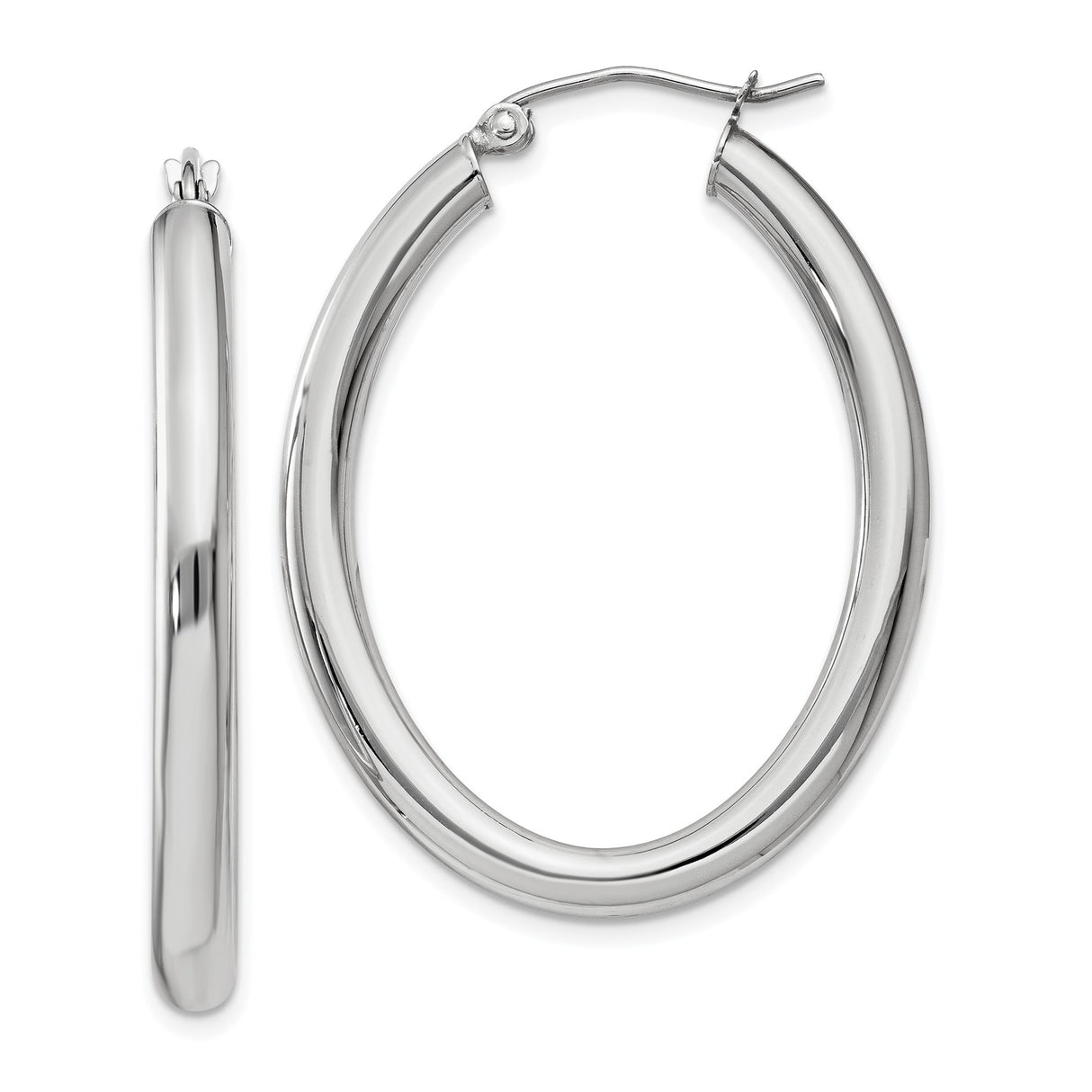14k White Gold Hoop Earrings, Polished Oval Design, Lightweight Minimalist Style