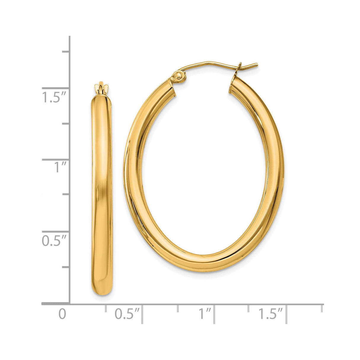14k Yellow Gold Oval Tube Hoop Earrings, Polished Smooth Finish, Lightweight Classic Design